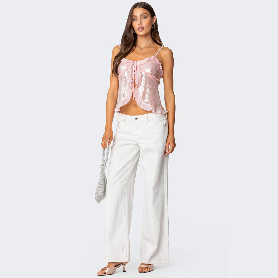 Women’s Camisole Top – Sequin Embellished – Ruffle Trim – Bow Detail – Cropped Loose Fit