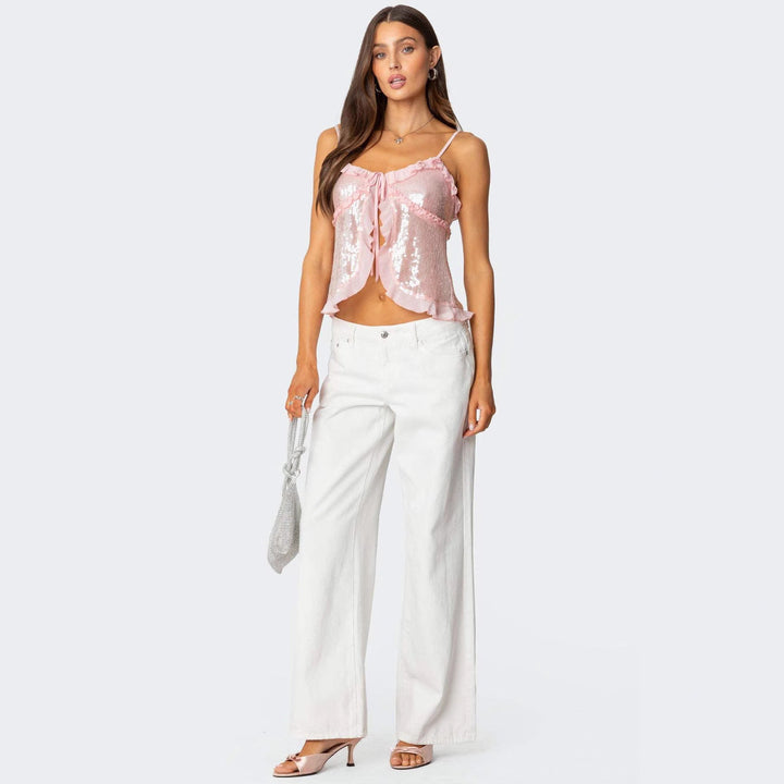 Women’s Camisole Top – Sequin Embellished – Ruffle Trim – Bow Detail – Cropped Loose Fit