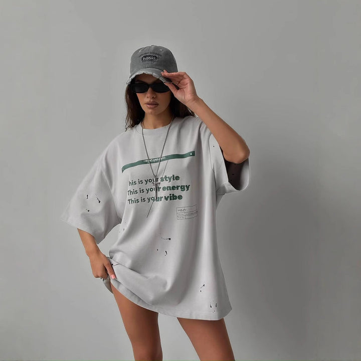 Women’s Oversized T-Shirt – Cotton Blend – Relaxed Fit – Graphic Print Casual Wear