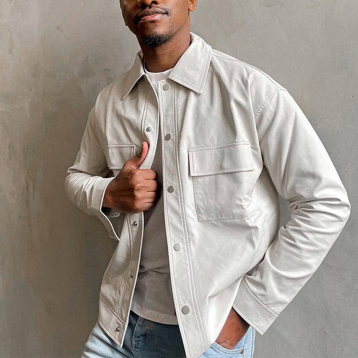 Men’s Jacket – Relaxed Fit – Faux Leather Look – Snap Button Front – Chest Pockets