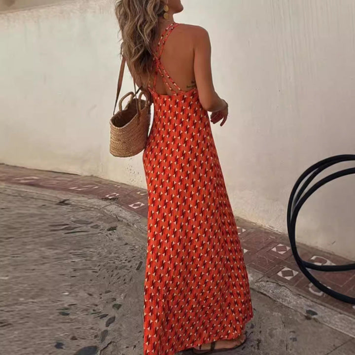 Women’s Maxi Dress – Halter Neck – Keyhole Detail – Geometric Pattern – Elegant Fit