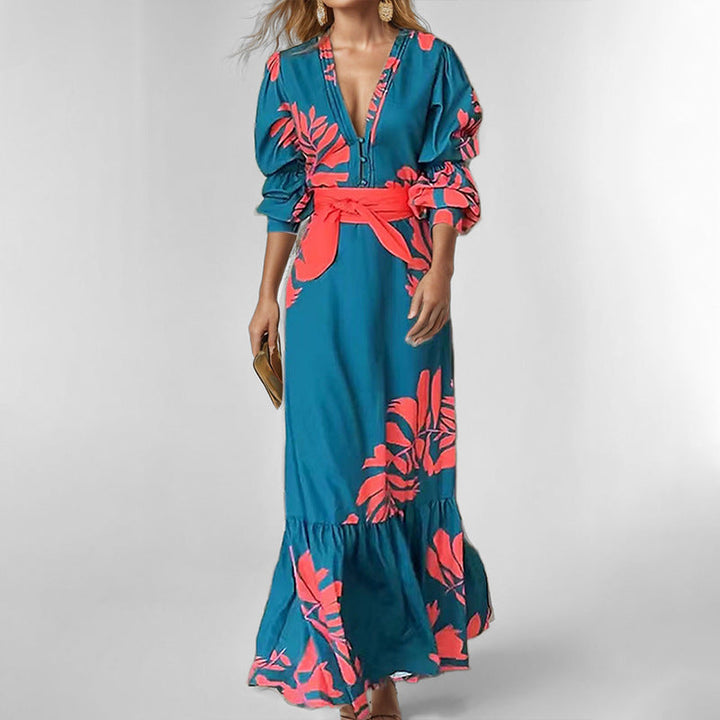Women’s Maxi Dress – Plunging V-Neck – Puff Shoulder – Belted Waist – Ruffle Hem