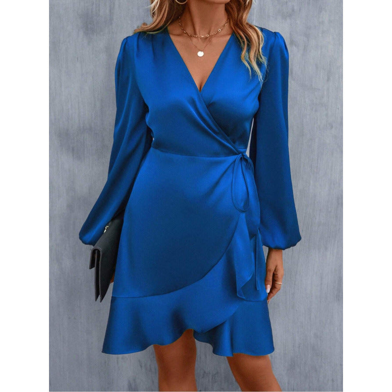 Women’s Wrap Dress – Satin – Long Sleeve – Tie Waist – Asymmetrical Hemline