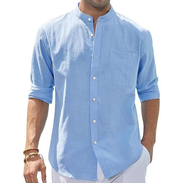Men’s Button-Up Shirt – Relaxed Fit – Natural Fibers – Long Sleeve – Mandarin Collar