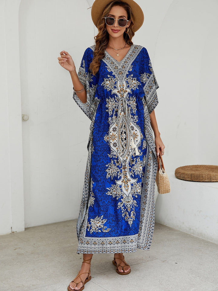 Women’s Maxi Dress – Flowing Fit – V-Neck – Short Wide Sleeves – Ornate Pattern – Breathable Fabric