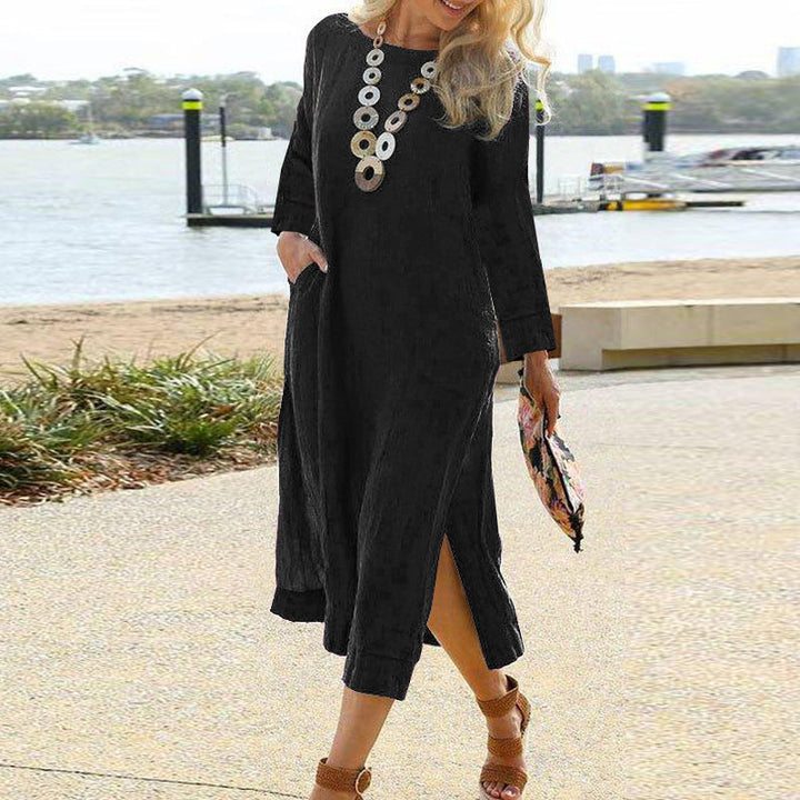 Women’s Midi Dress - Lightweight Linen Blend - Relaxed Fit - Long Sleeve with Pockets