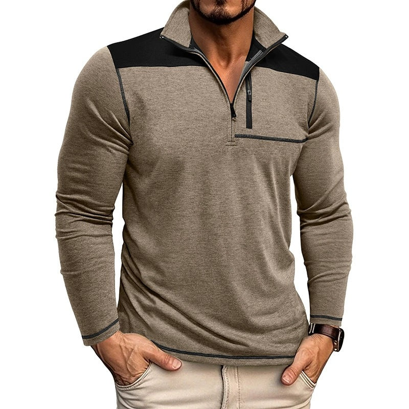Men’s Pullover Shirt – Slim Fit – Soft Knit – Half Zip – Contrast Panel – Long Sleeve