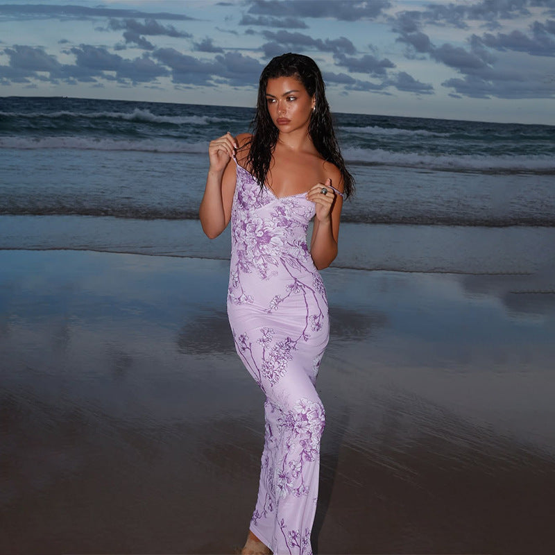 Women’s Maxi Dress - V-Neck A-Line - Floral Print - Spaghetti Straps - Lightweight Fabric