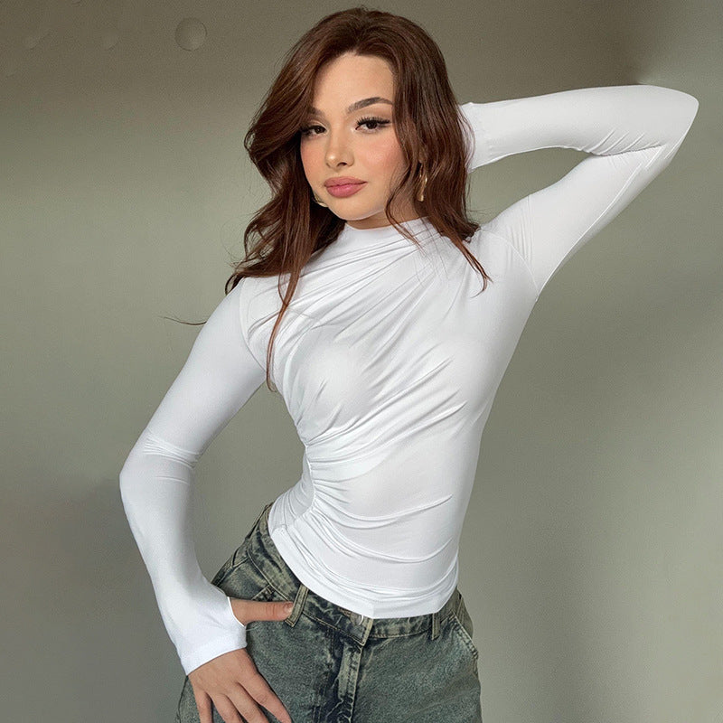 Women’s Long Sleeve Top – Slim Fit – High Neck – Ruched Soft Stretch Fabric