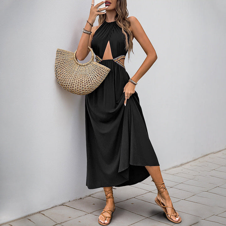 Women’s Halter Neck Dress – Cut-Out Waist – Knot Front – Flowy A-Line Midi Fit