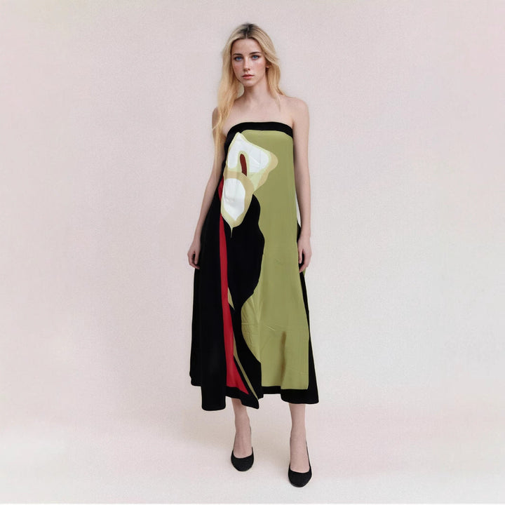 Women’s Strapless Midi Dress – Flowing Silhouette – Lightweight Abstract Pattern