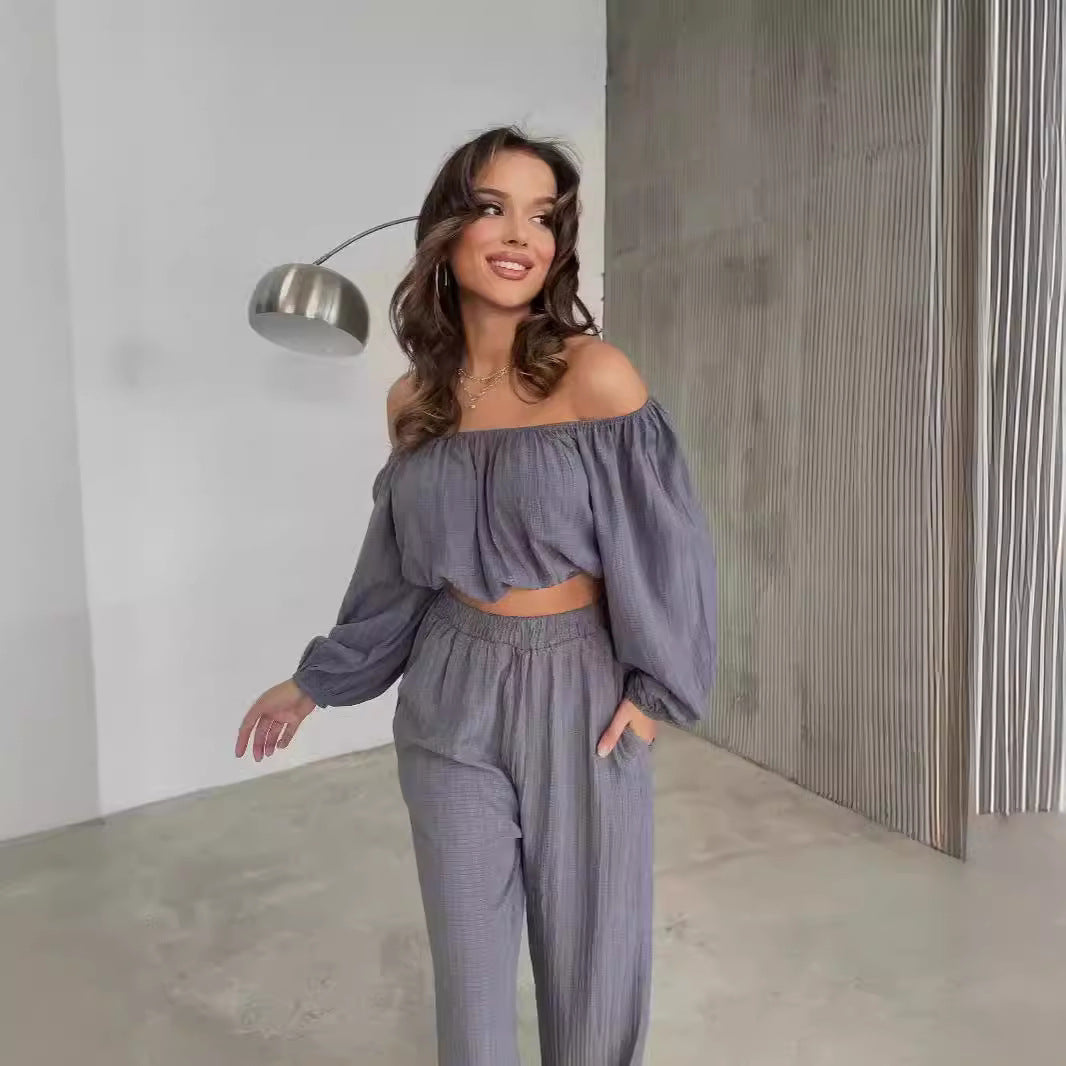 Women’s Two-Piece Set – Off-Shoulder Crop Top – Long Sleeve – High-Waist Wide-Leg Pants