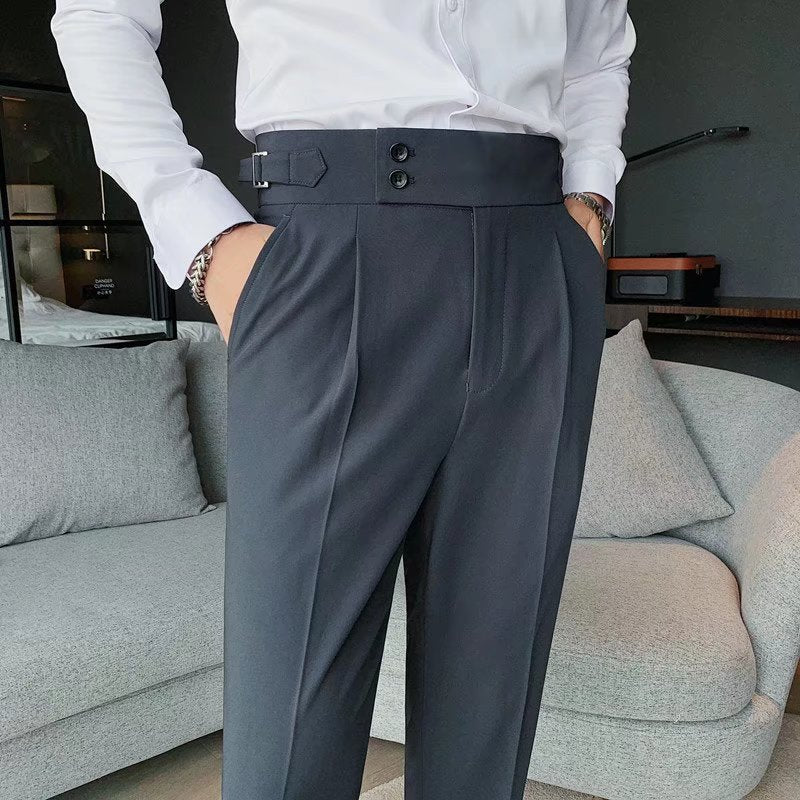 Men’s Tailored Trousers – Formal Fit – High-Rise Waist – Pleated Front – Cuffed Hem