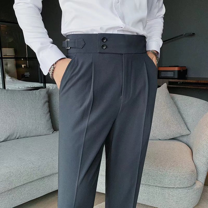 Men’s Tailored Trousers – Formal Fit – High-Rise Waist – Pleated Front – Cuffed Hem