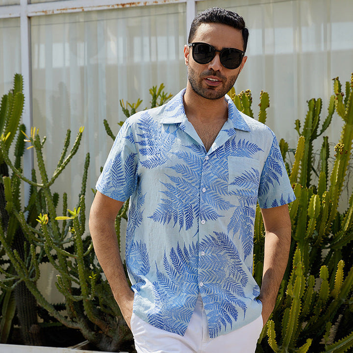 Men’s Short Sleeve Shirt - Relaxed Fit - Leaf Print - Cuban Collar - Lightweight Casual Wear