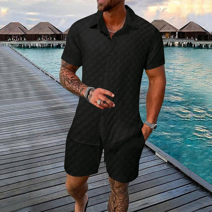 Men's Two-Piece Set - Jacquard Shirt and Shorts - Relaxed Fit - Short Sleeve Lapel Top