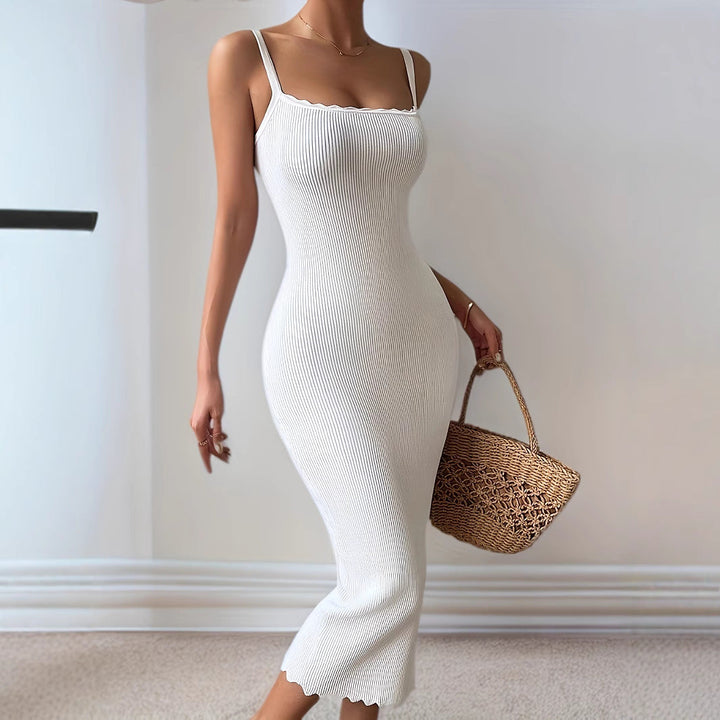 Women’s Bodycon Dress – Ribbed Knit – Scalloped Neckline – Spaghetti Straps – Midi Length