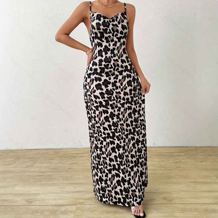 Women’s Maxi Dress – Leopard Print – Spaghetti Straps – A-Line Fit – Elegant Flowy Style