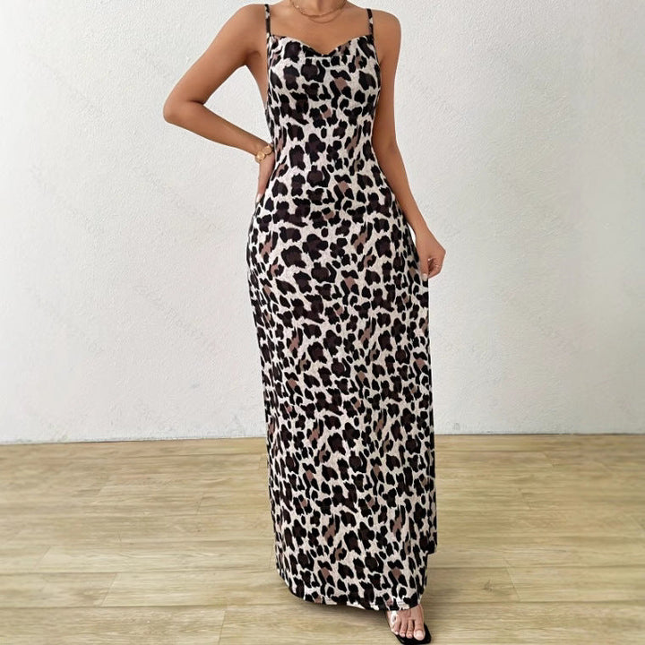 Women’s Maxi Dress – Leopard Print – Spaghetti Straps – A-Line Fit – Elegant Flowy Style