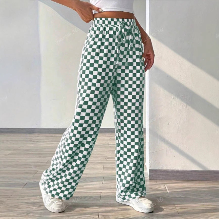 Women’s Wide-Leg Pants – Checkered Pattern – Relaxed Fit – Elastic Waist – Lightweight Cotton