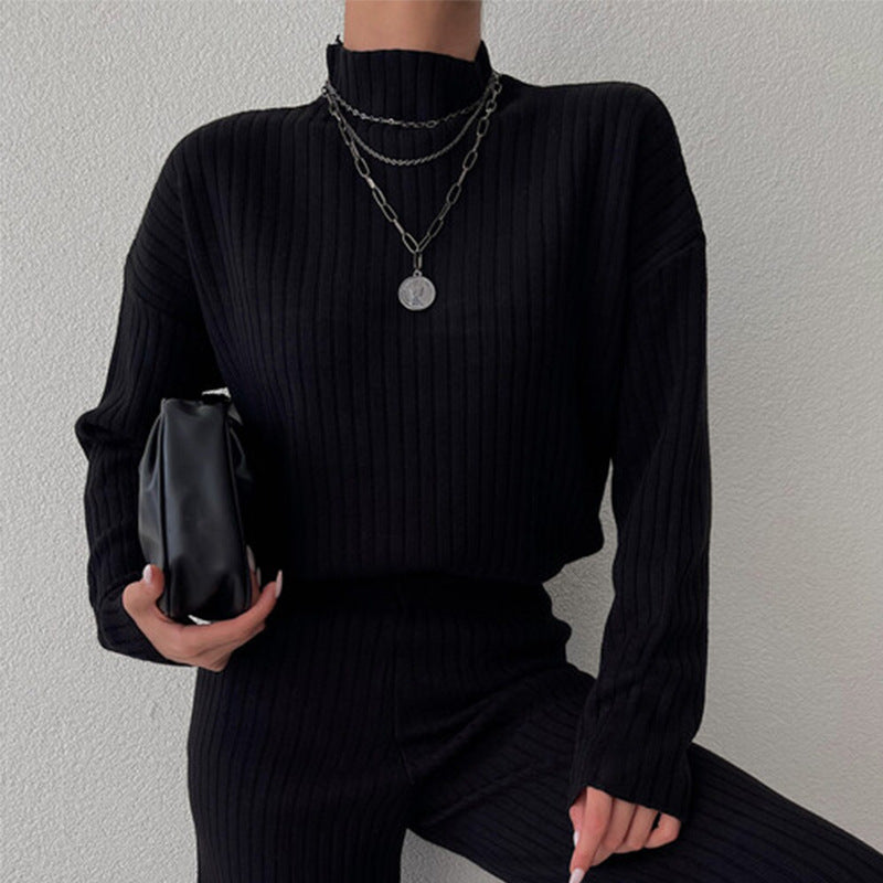Women’s Knit Loungewear Set – Ribbed Texture – Relaxed Fit – Semi-High Neck – Full Length