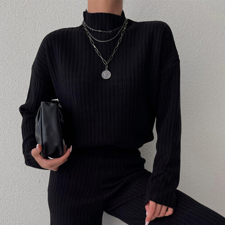 Women’s Knit Loungewear Set – Ribbed Texture – Relaxed Fit – Semi-High Neck – Full Length