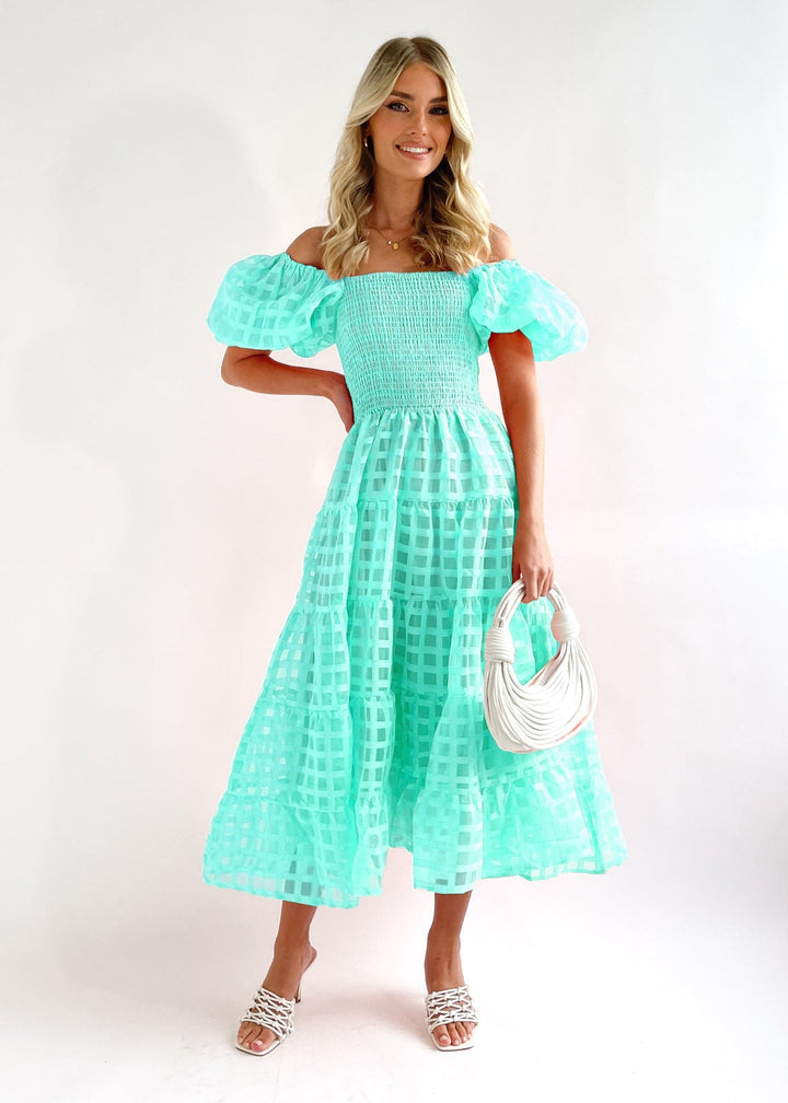 Women’s Maxi Dress – Off-Shoulder Puff Sleeves – Smocked Waist – Flowing Tiered Skirt – Lightweight Breathable Fabric