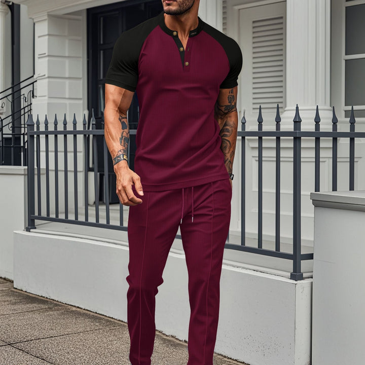 Men’s Two-Piece Set - Short-Sleeve Shirt - Athletic Fit - Stretch Fabric - Stand Collar Casual Style