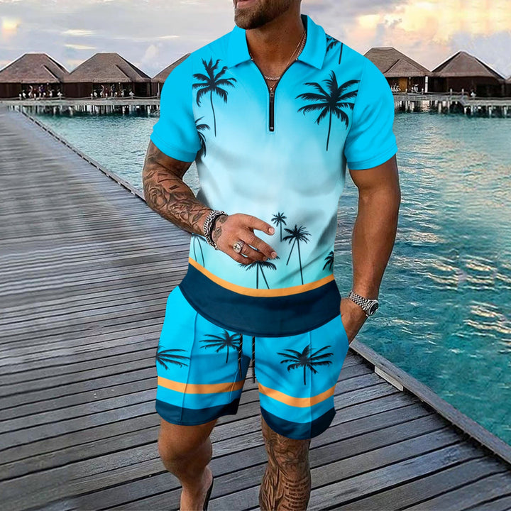 Men’s Two-Piece Set – Slim Fit – Cotton Blend – Zip Neckline – Tropical Print