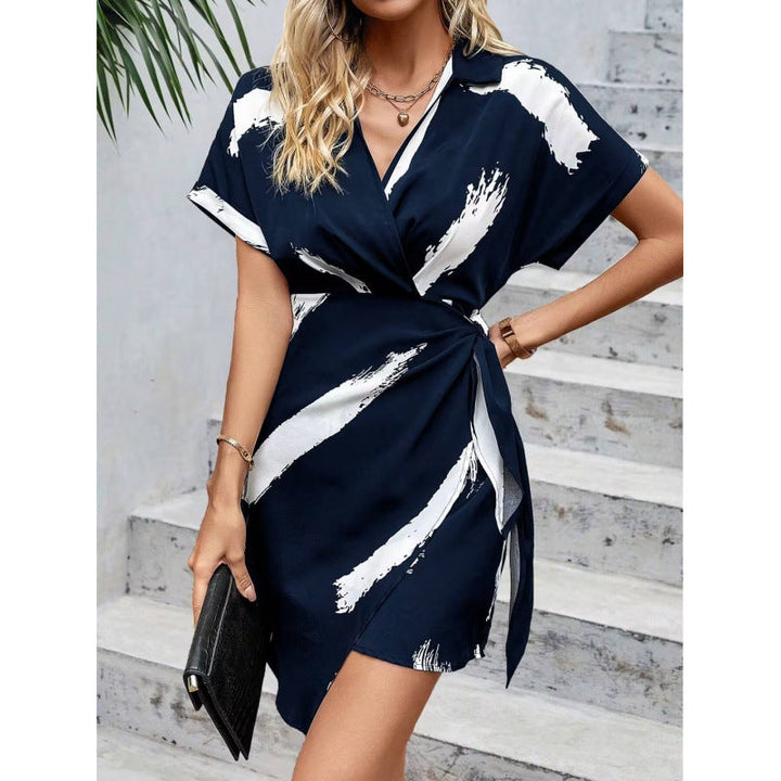 Women’s Wrap Dress – Graphic Pattern – V-Neck – Short Sleeve – Mini Length – Cotton Draped Fit