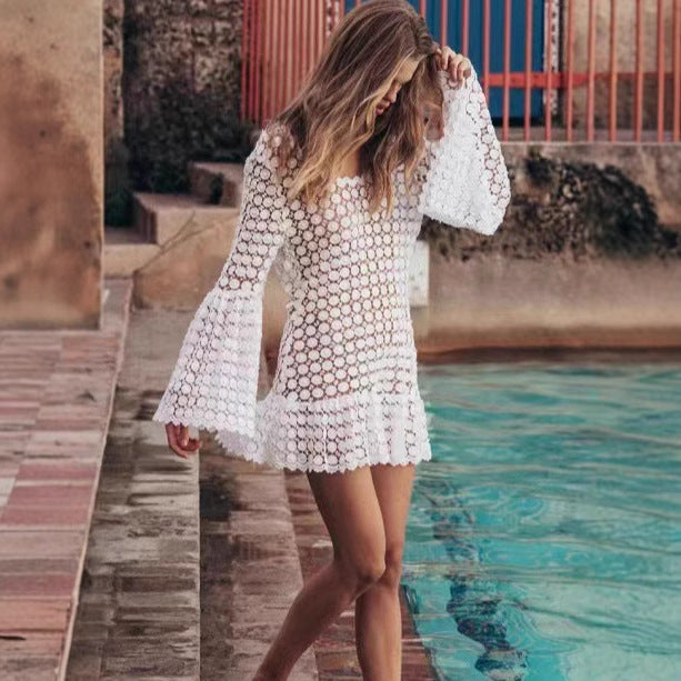 Women’s Crochet Dress - Semi-Sheer - Flowy Fit - Bell Sleeves - Scoop Neck - Mini Length