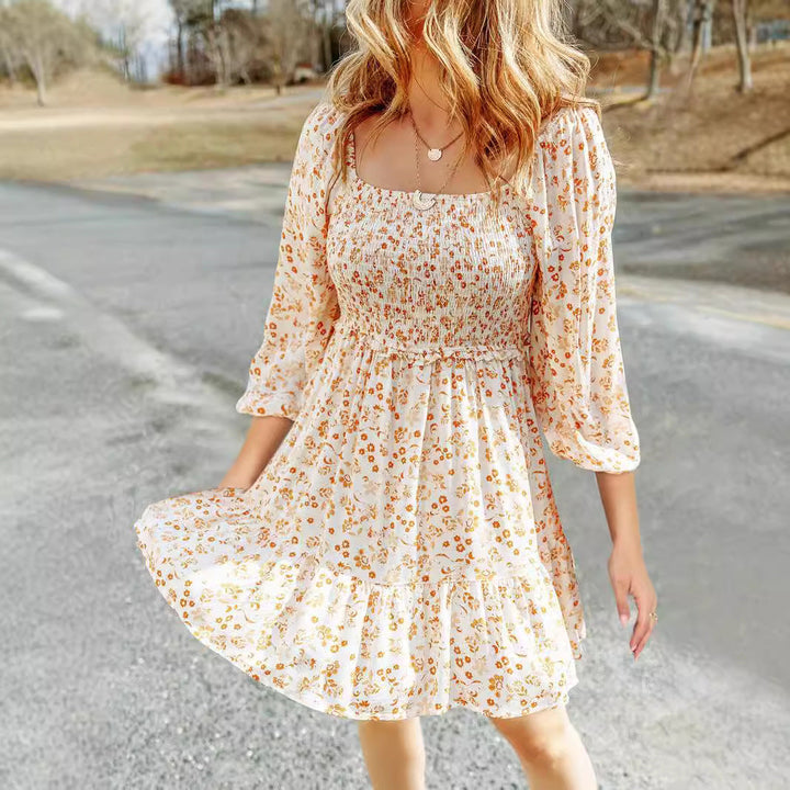 Women’s A-Line Dress – Smocked Bodice – Square Neck – Tiered Skirt – 3/4 Puff Sleeve