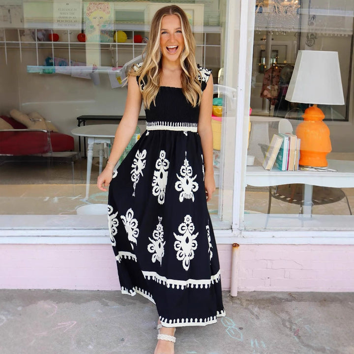 Women's Maxi Dress - Embroidered A-Line - Square Neck - Ruffled Straps - Elegant Fit