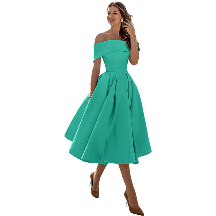 Women's Off-the-Shoulder Midi Dress - Fitted Bodice - Pleated Flared Skirt - Elegant Formal Wear