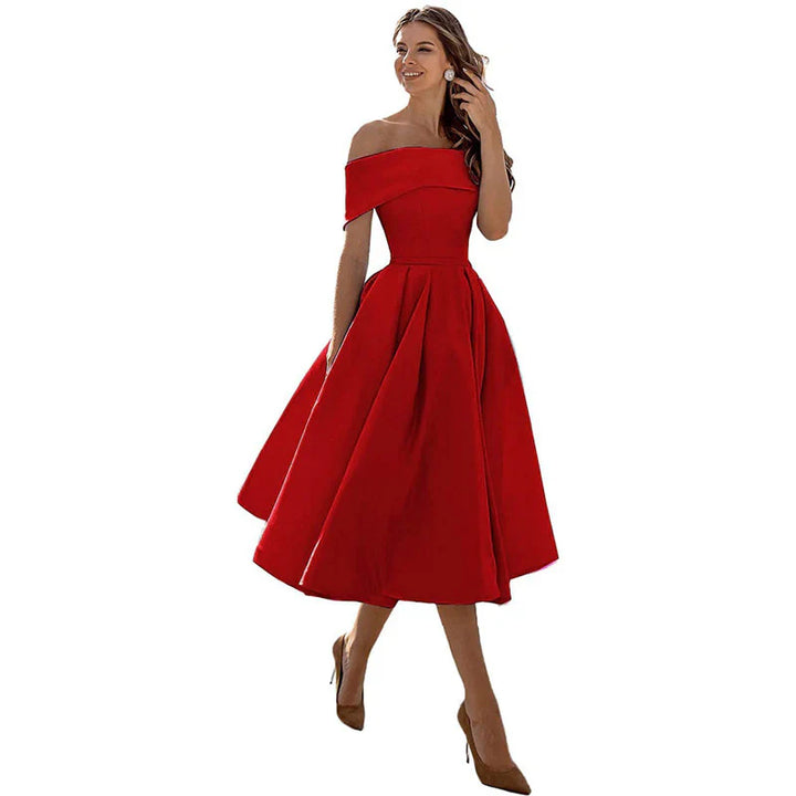 Women's Off-the-Shoulder Midi Dress - Fitted Bodice - Pleated Flared Skirt - Elegant Formal Wear