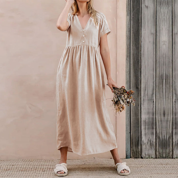 Women’s Midi Dress – V-Neck – Short Sleeve – Button Front – Loose Fit – Lightweight Fabric