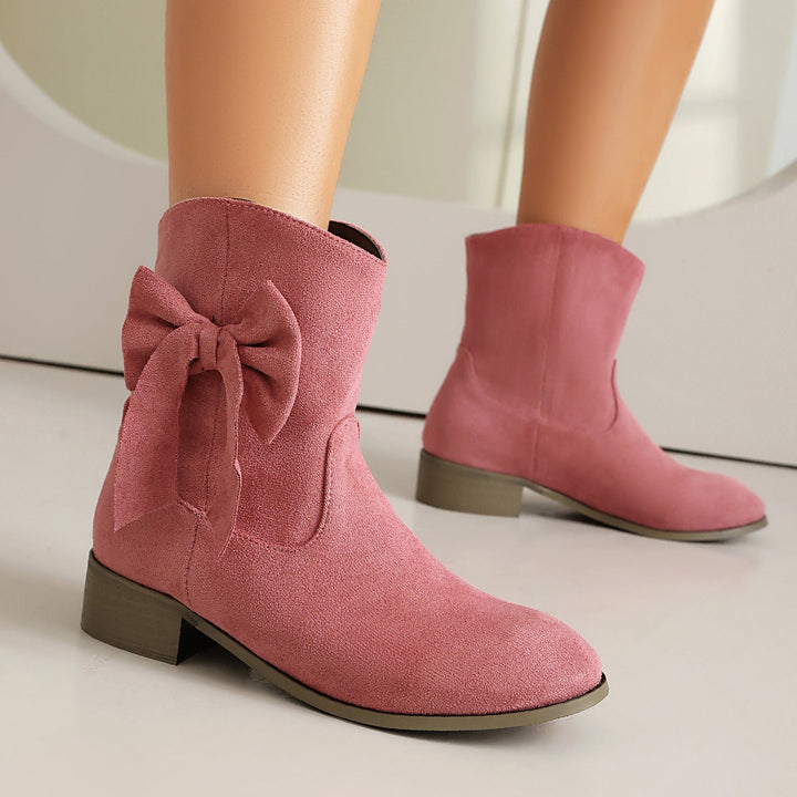 Women’s Ankle Boots – Suede Texture – Low Heel – Decorative Bow – Casual Comfort Fit