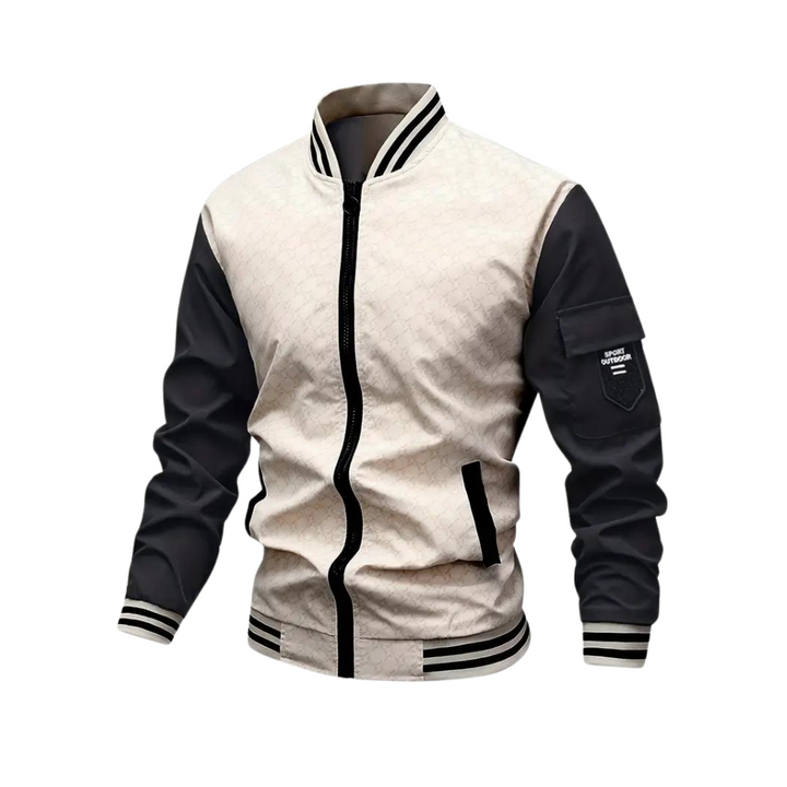 Men’s Bomber Jacket - Regular Fit - Striped Ribbed Trim - Zipper Front - Sleeve Pocket