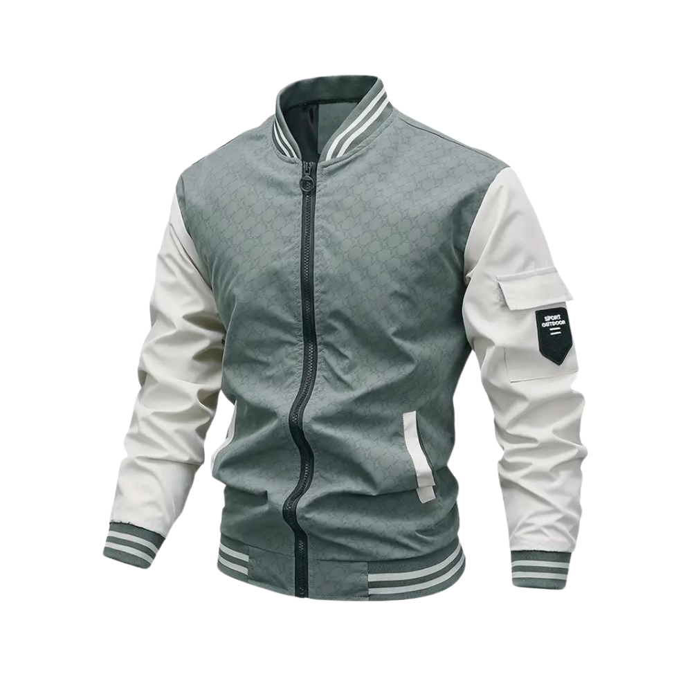 Men’s Bomber Jacket - Regular Fit - Striped Ribbed Trim - Zipper Front - Sleeve Pocket
