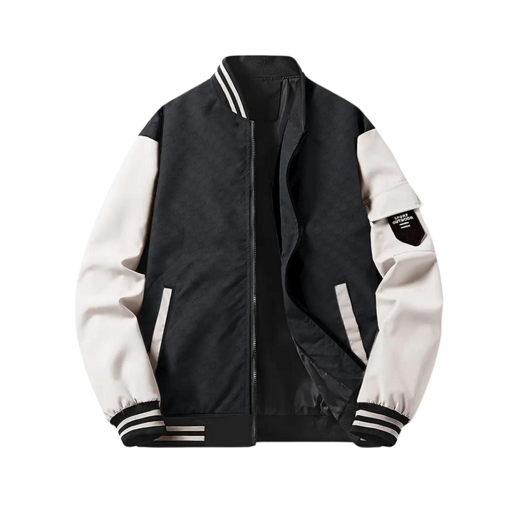 Men’s Bomber Jacket - Regular Fit - Striped Ribbed Trim - Zipper Front - Sleeve Pocket
