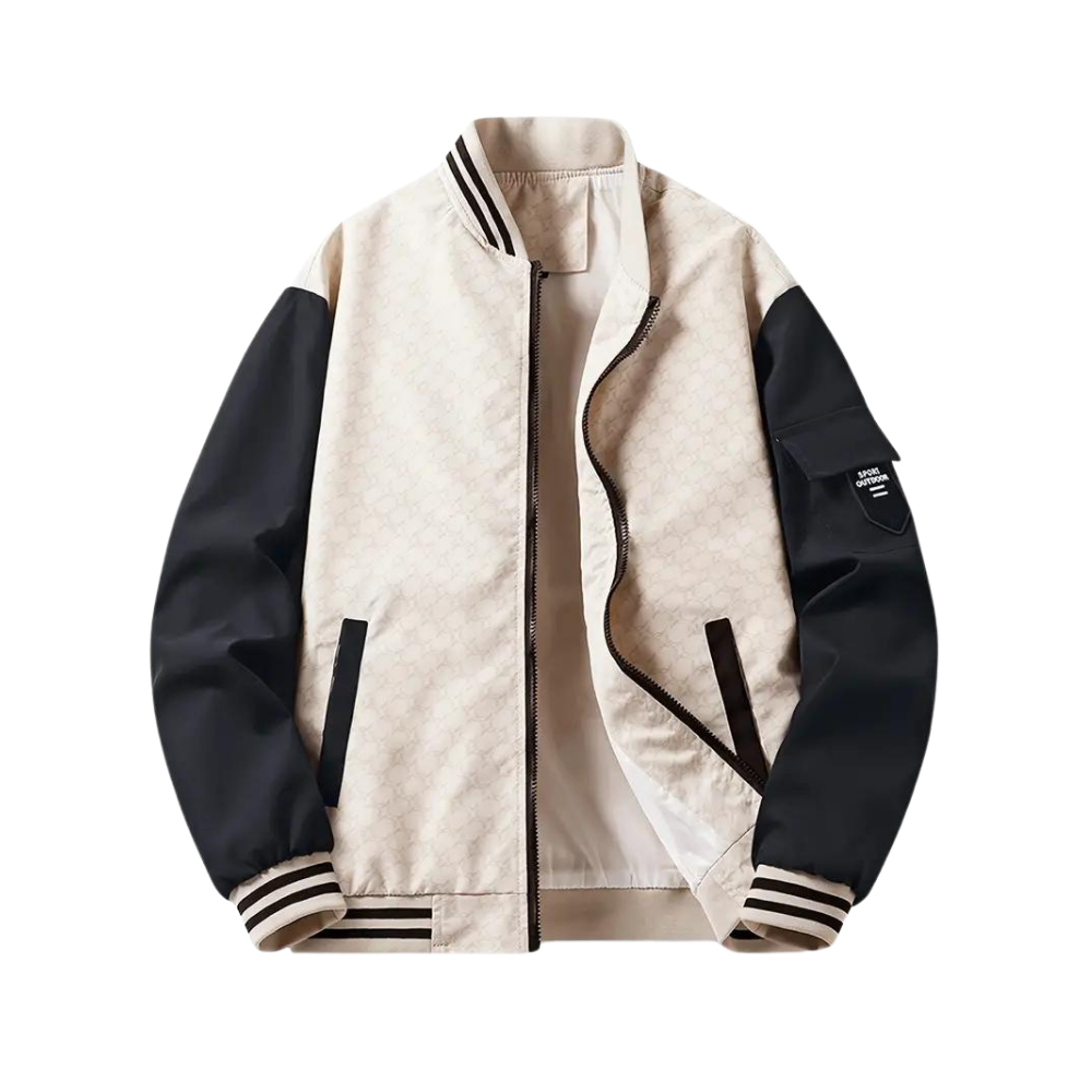 Men’s Bomber Jacket - Regular Fit - Striped Ribbed Trim - Zipper Front - Sleeve Pocket