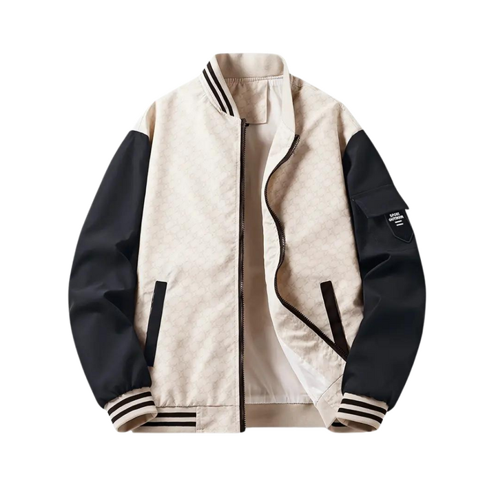 Men’s Bomber Jacket - Regular Fit - Striped Ribbed Trim - Zipper Front - Sleeve Pocket