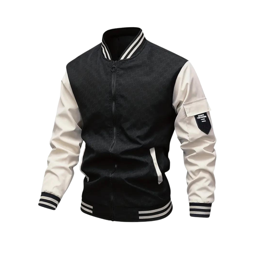 Men’s Bomber Jacket - Regular Fit - Striped Ribbed Trim - Zipper Front - Sleeve Pocket