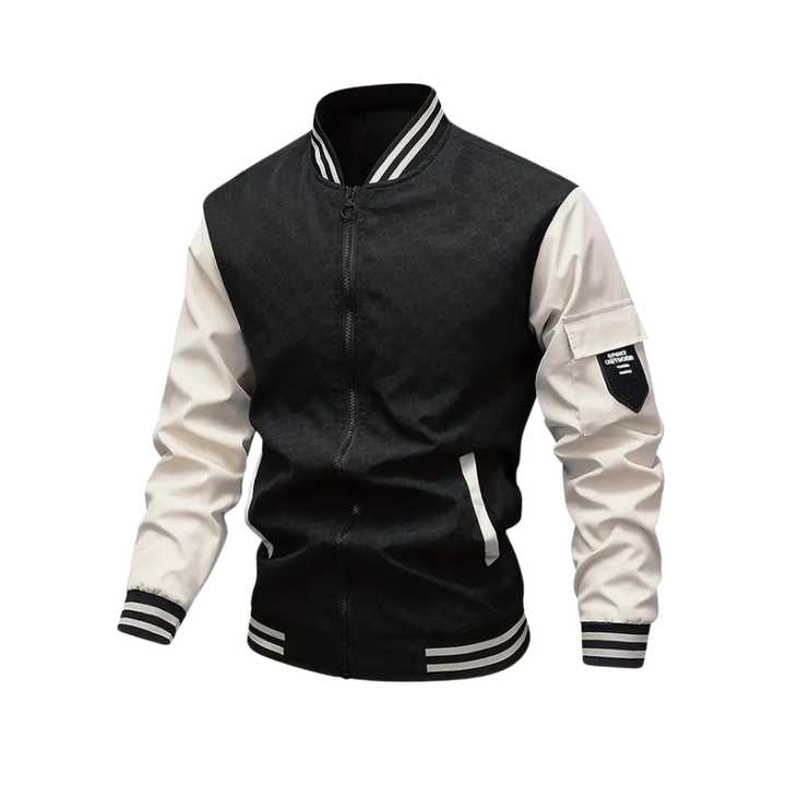 Men’s Bomber Jacket - Regular Fit - Striped Ribbed Trim - Zipper Front - Sleeve Pocket