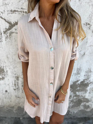 Women’s Shirtdress – Relaxed Fit – Button Front – Breathable Blend – Rolled Sleeves
