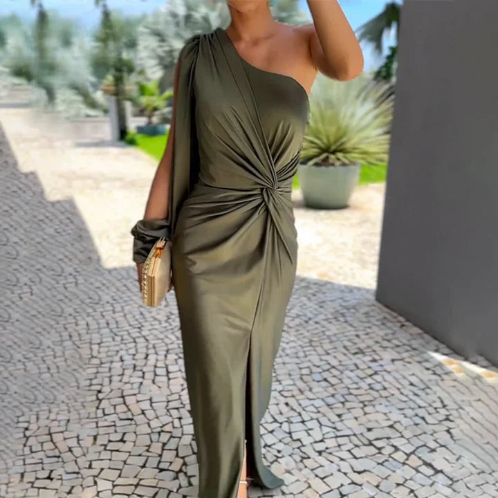 Women's One-Shoulder Dress – Silky Fabric – Waist Twist Detail – Side Slit Elegant Fit