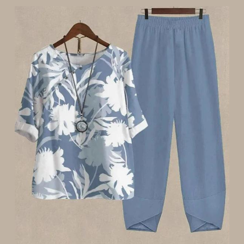 Women’s Two-Piece Set – Relaxed Fit – Breathable Blend – Short Sleeve Top & Wide-Leg Pants