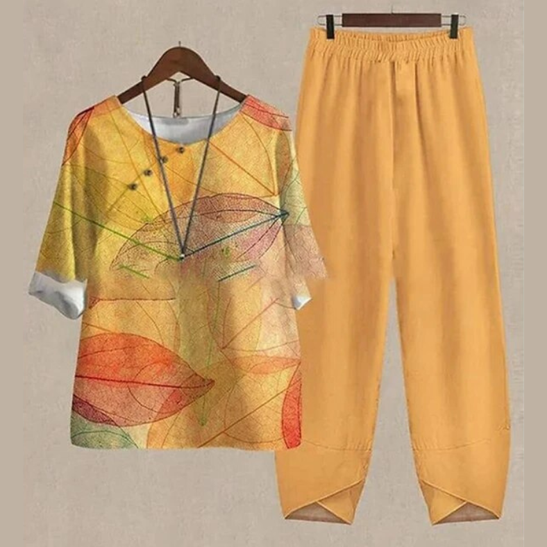 Women’s Two-Piece Set – Relaxed Fit – Breathable Blend – Short Sleeve Top & Wide-Leg Pants