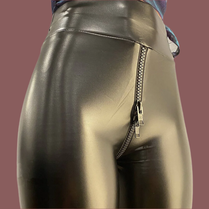 Women’s Pants – Slim Fit – Full Length – Sleek Shiny Finish – Front Zip