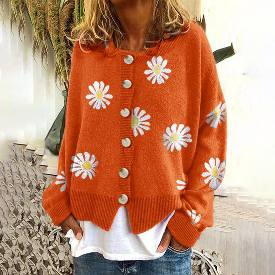 Women’s Knit Cardigan – Oversized Fit – Soft Knit – Daisy Print – Ribbed Trim